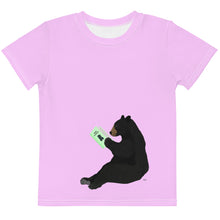 Load image into Gallery viewer, Kids Crew Neck T-shirt Bright Pink Bear Reading Lime Book