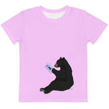 Load image into Gallery viewer, Kids Crew Neck T-shirt Bright Pink Bear Reading Periwinkle Book