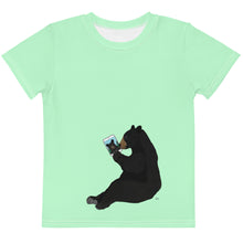 Load image into Gallery viewer, Kids Crew Neck T-shirt Lime Green Bear With iPad