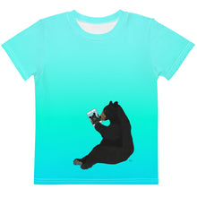 Load image into Gallery viewer, Kids Crew Neck T-shirt Aqua Green Blue Bear With iPad