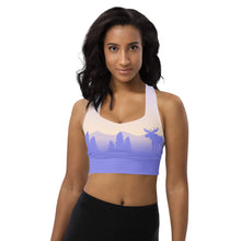 Load image into Gallery viewer, Longline Sports Bra Purple Yellow Sky Moose Silhouette
