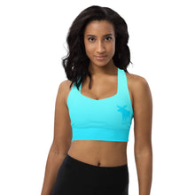 Load image into Gallery viewer, Longline Sports Bra Aqua Blue Gradient Moose Silhouette