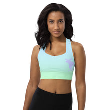 Load image into Gallery viewer, Longline Sports Bra Blue Green Periwinkle Moose Silhouette