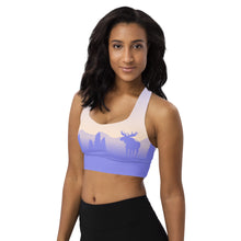 Load image into Gallery viewer, Longline Sports Bra Purple Yellow Sky Moose Silhouette