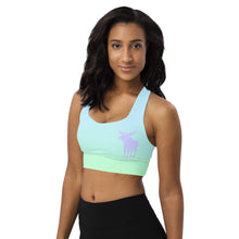 Load image into Gallery viewer, Longline Sports Bra Blue Green Periwinkle Moose Silhouette