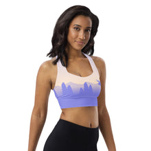 Load image into Gallery viewer, Longline Sports Bra Purple Yellow Sky Moose Silhouette