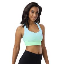 Load image into Gallery viewer, Longline Sports Bra Blue Green Periwinkle Moose Silhouette