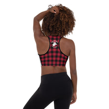 Load image into Gallery viewer, Padded Sports Bra White Front Red Plaid Mama Bear One Cub