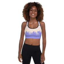 Load image into Gallery viewer, Padded Sports Bra Purple Yellow Sky Moose Silhouette