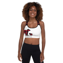 Load image into Gallery viewer, Padded Sports Bra White Front Red Plaid Mama Bear One Cub