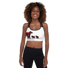 Load image into Gallery viewer, Padded Sports Bra White Front Red Plaid Mama Bear Two Cubs