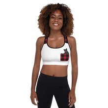 Load image into Gallery viewer, Padded Sports Bra White Front Red Plaid Bear In Pocket