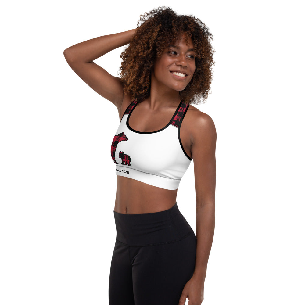 Padded Sports Bra White Front Red Plaid Mama Bear One Cub – Theartisticmoose