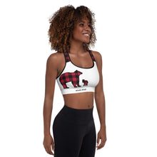 Load image into Gallery viewer, Padded Sports Bra White Front Red Plaid Mama Bear One Cub