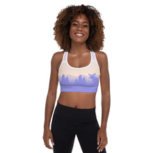 Load image into Gallery viewer, Padded Sports Bra Purple Yellow Sky Moose Silhouette
