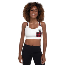 Load image into Gallery viewer, Padded Sports Bra White Front Red Plaid Bear In Pocket