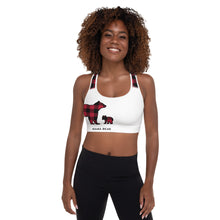 Load image into Gallery viewer, Padded Sports Bra White Front Red Plaid Mama Bear One Cub