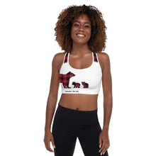 Load image into Gallery viewer, Padded Sports Bra White Front Red Plaid Mama Bear Two Cubs