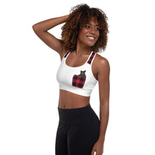 Load image into Gallery viewer, Padded Sports Bra White Front Red Plaid Bear In Pocket