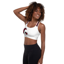 Load image into Gallery viewer, Padded Sports Bra White Front Red Plaid Mama Bear One Cub