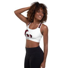 Load image into Gallery viewer, Padded Sports Bra White Front Red Plaid Mama Bear Two Cubs