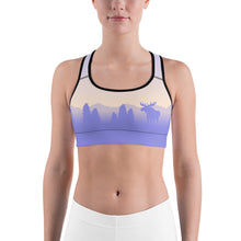 Load image into Gallery viewer, Sports Bra Purple Yellow Sky Moose Silhouette