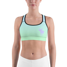 Load image into Gallery viewer, Sports Bra Blue Lime Green Periwinkle Moose Silhouette