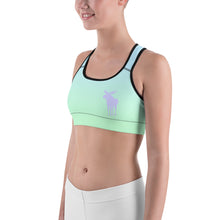 Load image into Gallery viewer, Sports Bra Blue Lime Green Periwinkle Moose Silhouette