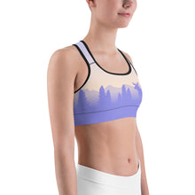 Load image into Gallery viewer, Sports Bra Purple Yellow Sky Moose Silhouette