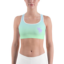 Load image into Gallery viewer, Sports Bra Blue Lime Green Periwinkle Moose Silhouette