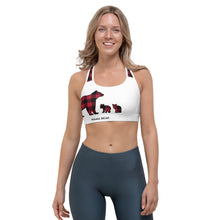 Load image into Gallery viewer, Sports Bra White Front Red Plaid Mama Bear Two Cubs