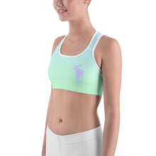 Load image into Gallery viewer, Sports Bra Blue Lime Green Periwinkle Moose Silhouette