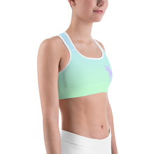 Load image into Gallery viewer, Sports Bra Blue Lime Green Periwinkle Moose Silhouette