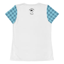 Load image into Gallery viewer, Women's Athletic T-shirt Aqua Blue Plaid Bear With iPad