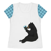 Load image into Gallery viewer, Women's Athletic T-shirt Aqua Blue Plaid Bear With iPad