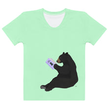 Load image into Gallery viewer, Women's T-shirt Lime Green Bear Reading Periwinkle Book