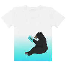 Load image into Gallery viewer, Women's T-shirt White Aqua Blue Bear Reading