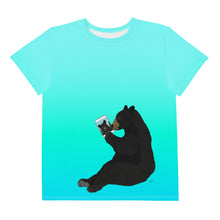 Load image into Gallery viewer, Youth Crew Neck T-shirt Aqua Green Blue Bear With iPad