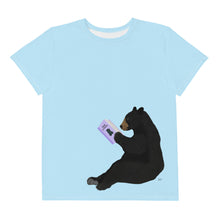 Load image into Gallery viewer, Youth Crew Neck T-shirt Light Blue Bear Reading Purple Book