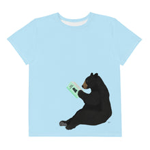 Load image into Gallery viewer, Youth Crew Neck T-shirt Light Blue Bear Reading Green Book