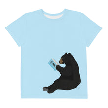 Load image into Gallery viewer, Youth Crew Neck T-shirt Light Blue Bear Reading Blue Book