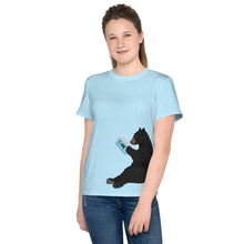 Load image into Gallery viewer, Youth Crew Neck T-shirt Light Blue Bear Reading Blue Book