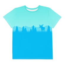 Load image into Gallery viewer, Youth Crew Neck T-shirt Aqua Darker Blue Moose Silhouette