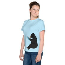 Load image into Gallery viewer, Youth Crew Neck T-shirt Light Blue Bear Reading Blue Book
