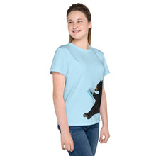 Load image into Gallery viewer, Youth Crew Neck T-shirt Light Blue Bear Reading Blue Book