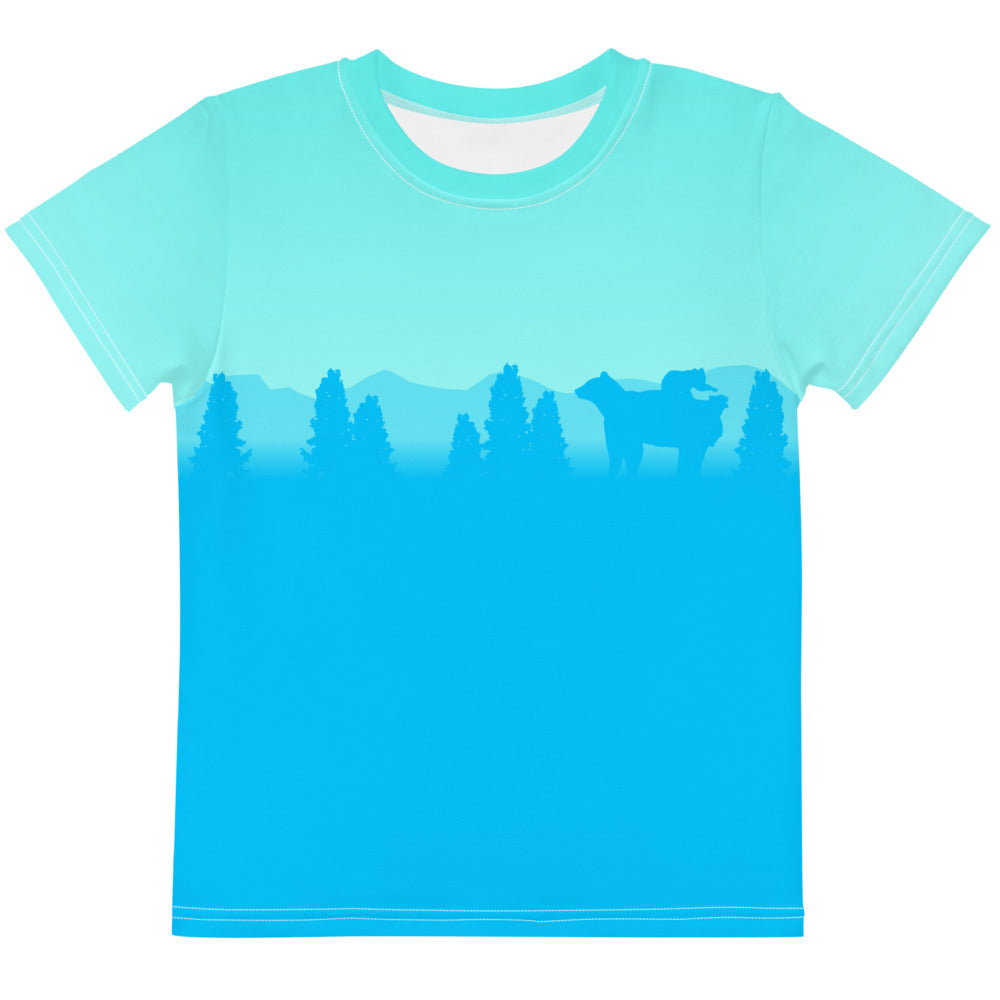 Kids Crew Neck T-shirt Aqua Darker Blue Bear Silhouette