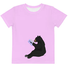 Load image into Gallery viewer, Kids Crew Neck T-shirt Bright Pink Bear Reading Periwinkle Book
