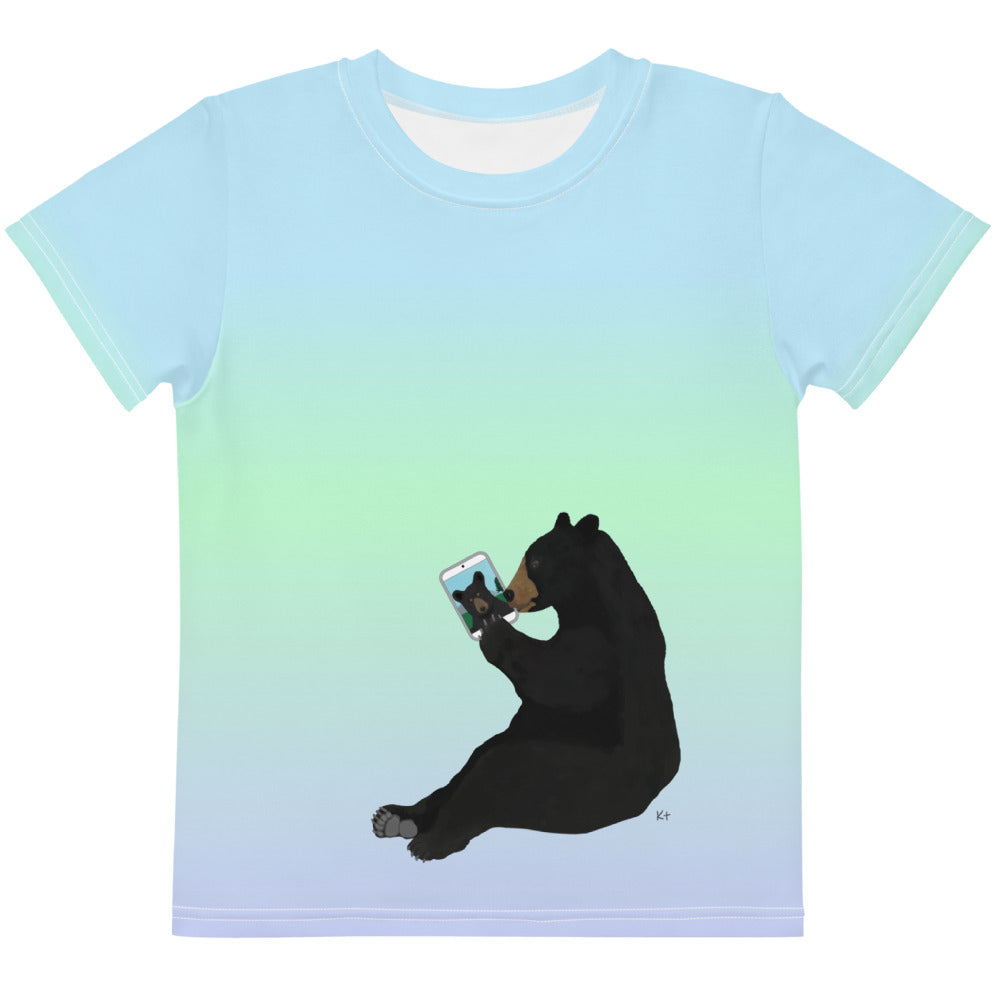 Kids Crew Neck T-shirt Blue Lime Green Periwinkle Bear With iPad
