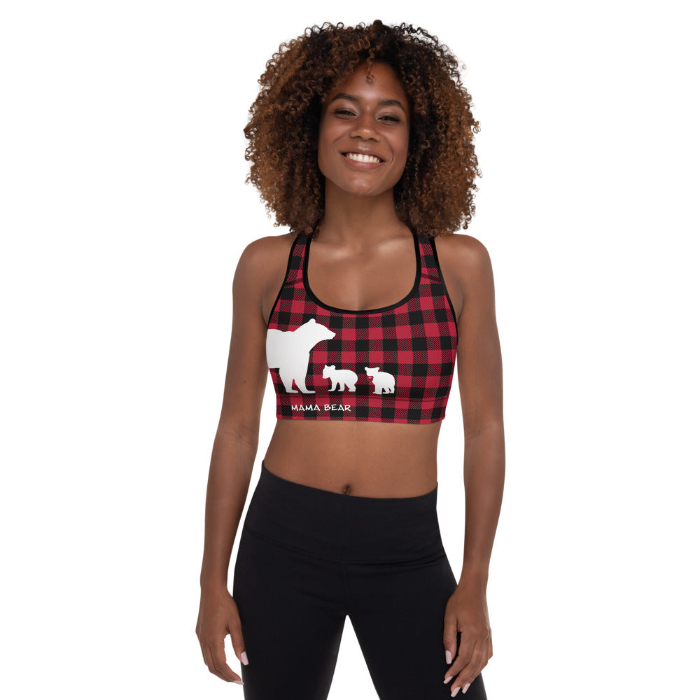 Padded Sports Bra Red Plaid Mama Bear Two Cubs