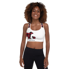 Load image into Gallery viewer, Padded Sports Bra White Front Red Plaid Mama Bear One Cub
